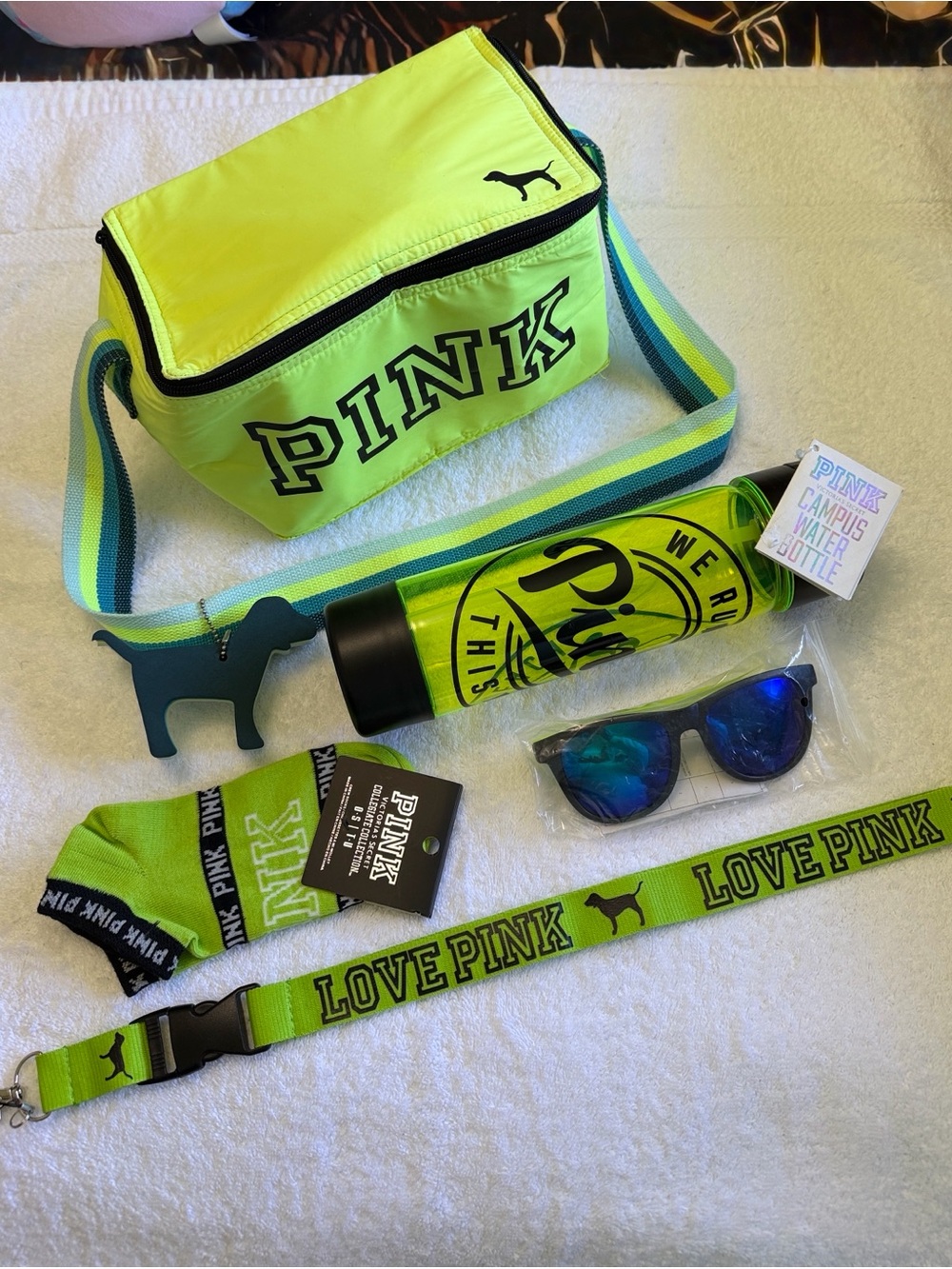 PINK Victoria's Secret Neon Lime Cooler Bag Set with Blue-Trim Strap